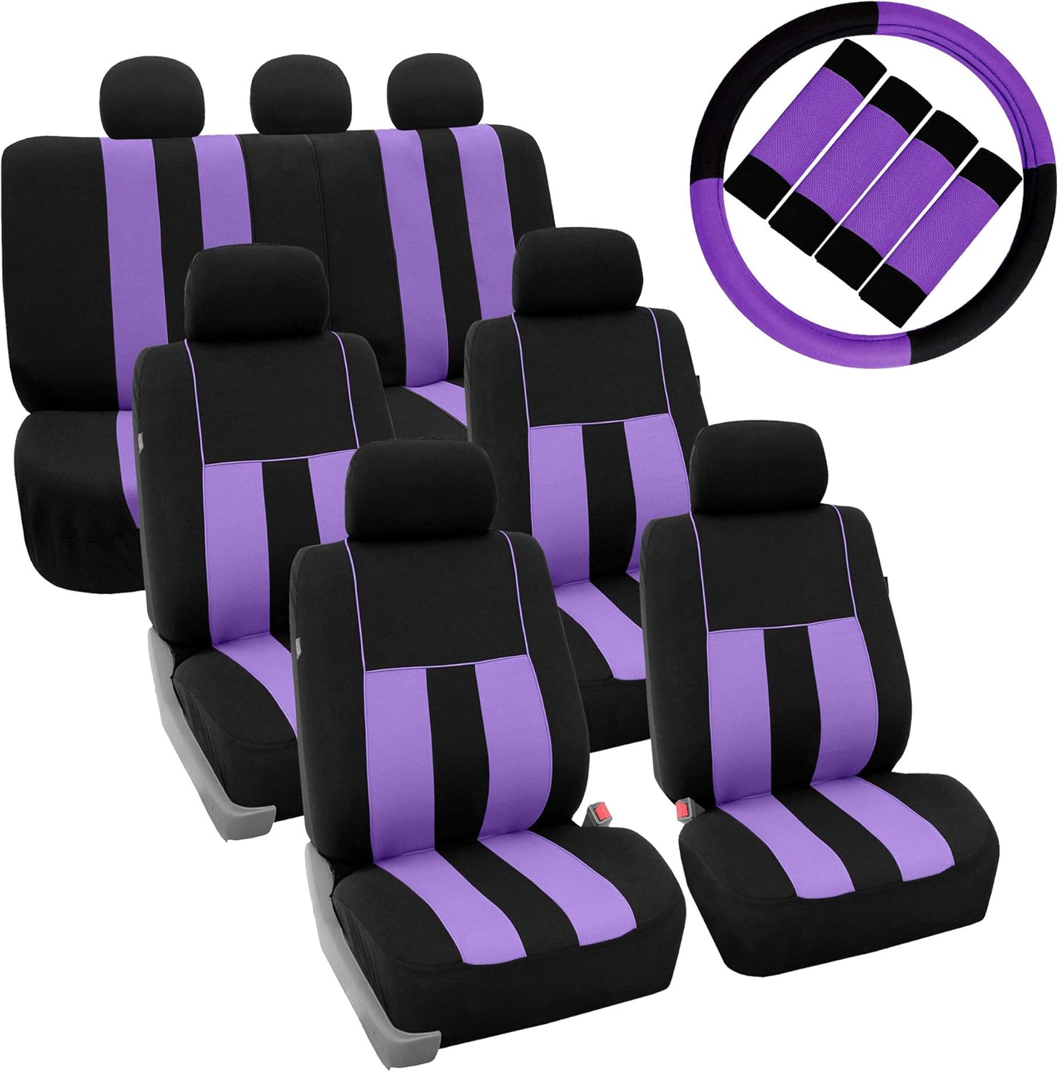 FH Group Juego de fundas de asiento de coche de tres filas llamativas a rayas para volante y almohadillas para cinturón de seguridad, color morado,