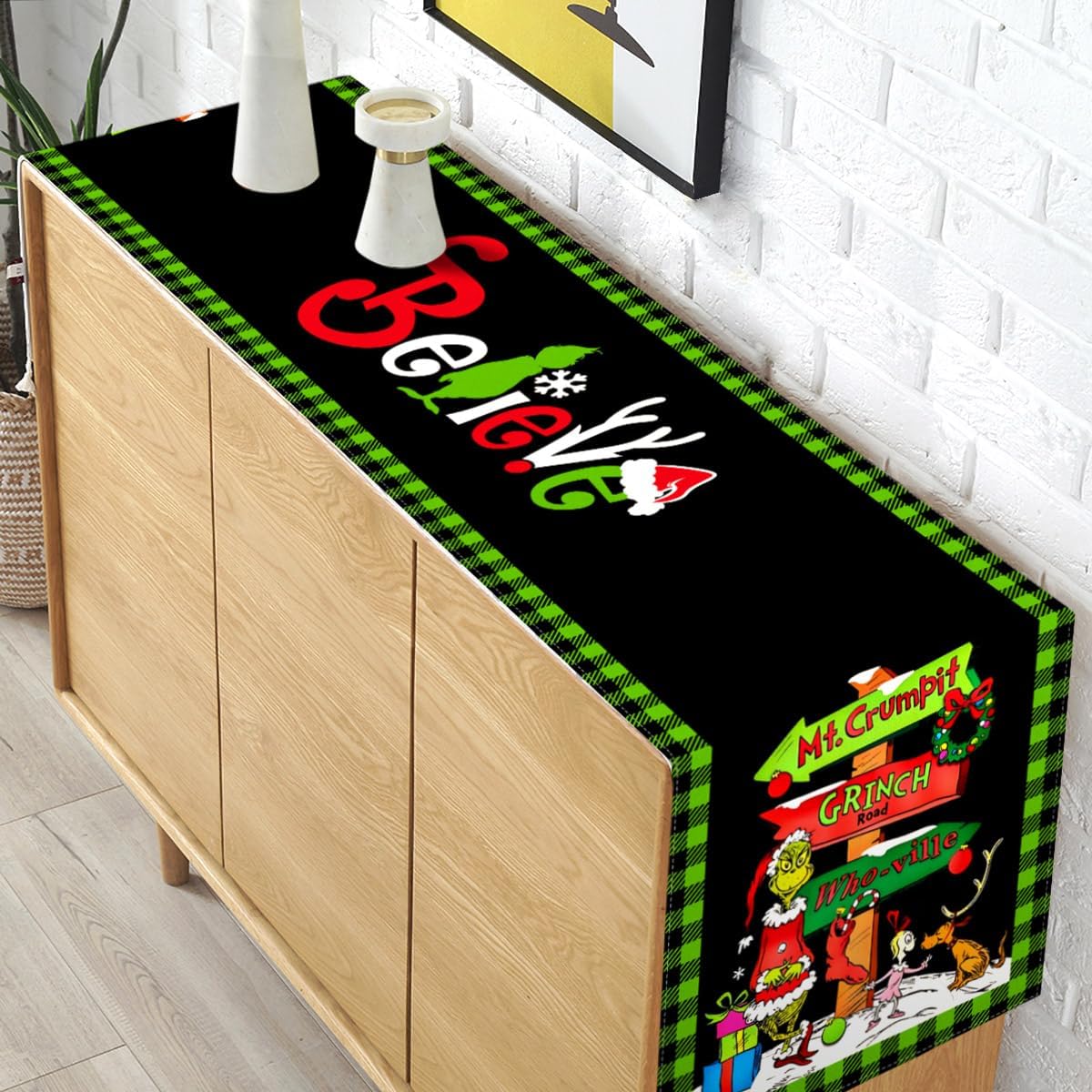 Camino de mesa Grinchmas Feliz Navidad, vacaciones de invierno, fiesta temática, cocina, comedor, decoración del hogar (negro y verde, 13 x 108
