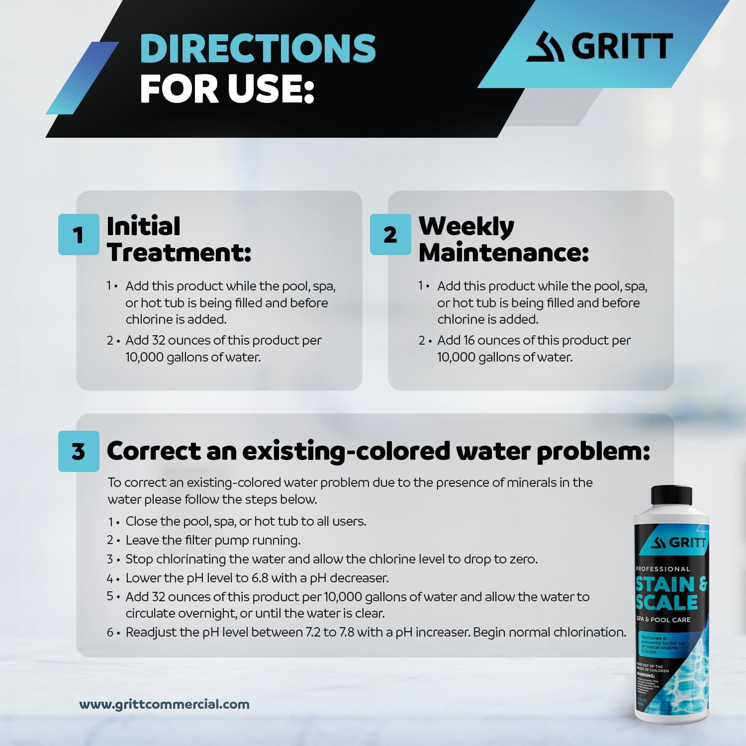 Gritt Commercial Control de manchas y incrustaciones de metal  Productos químicos para piscina, bañera de hidromasaje y spa para control de metales