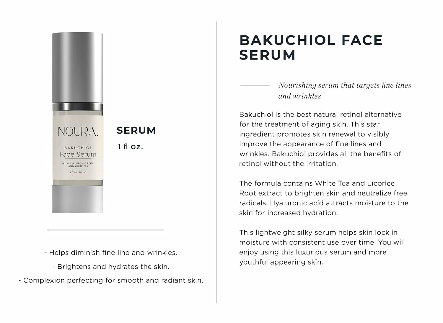 Suero facial Bakuchiol de Noura Cosmetics, alternativa natural al retinol, disminuye las líneas finas y las arrugas, ilumina e hidrata la piel,