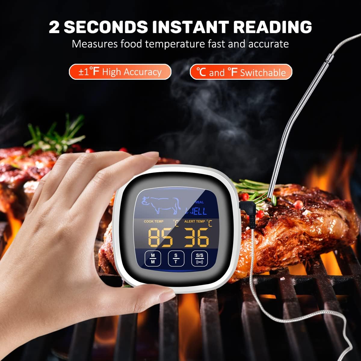 Vedozo Giveme5 – Termómetro digital de carne para cocinar, pantalla táctil LCD de lectura instantánea, termómetro de alimentos con sonda larga,