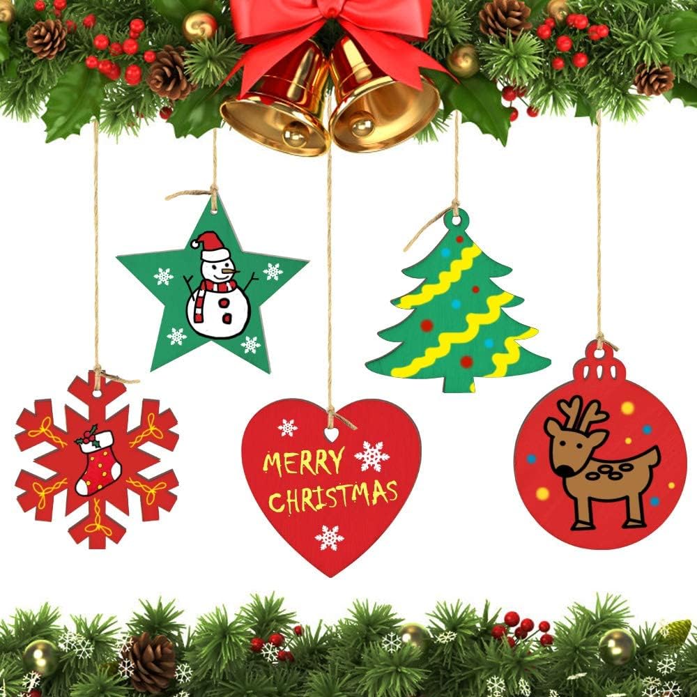 BROTOU 50 adornos de Navidad de madera, adornos de madera sin terminar para vacaciones, festivales, bodas, manualidades de Navidad para niños