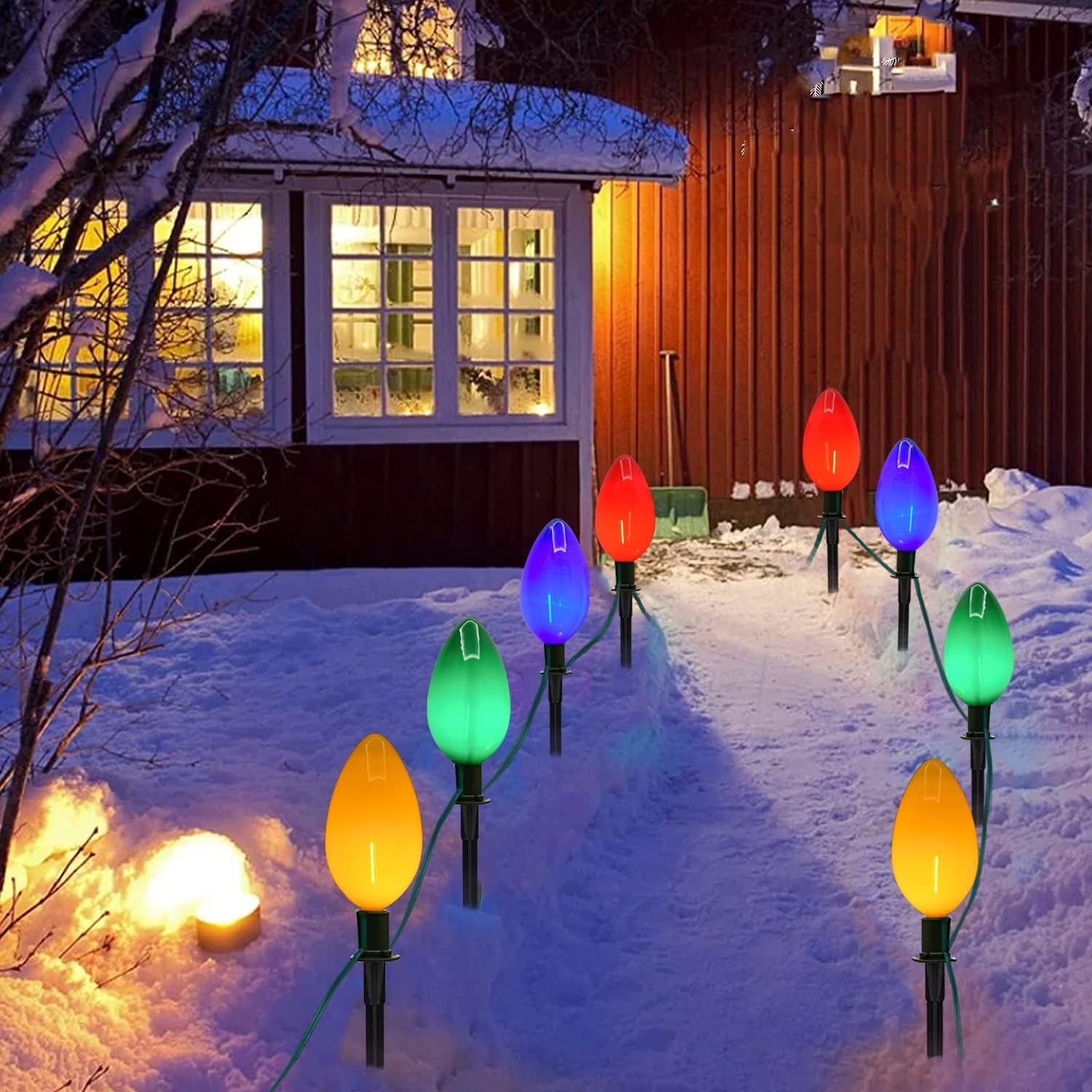 C9 – Luces LED multicolor para Navidad, 1 paquete de 7 pies con 4 luces LED multicolor con 4 estacas, impermeable, para Navidad, césped, pasarela,