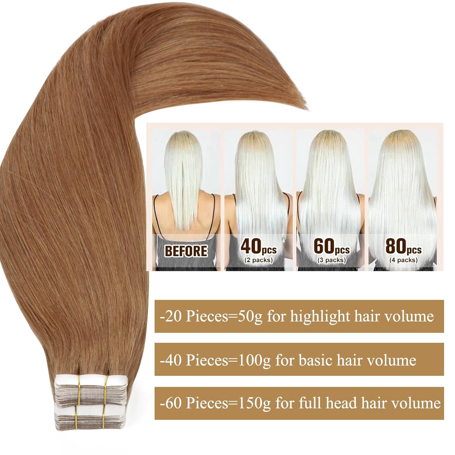 Loxxy Extensiones de cabello humano real Remy con cinta adhesiva, natural, sedoso, lacio, invisible, de doble cara, reutilizable, trama de piel,