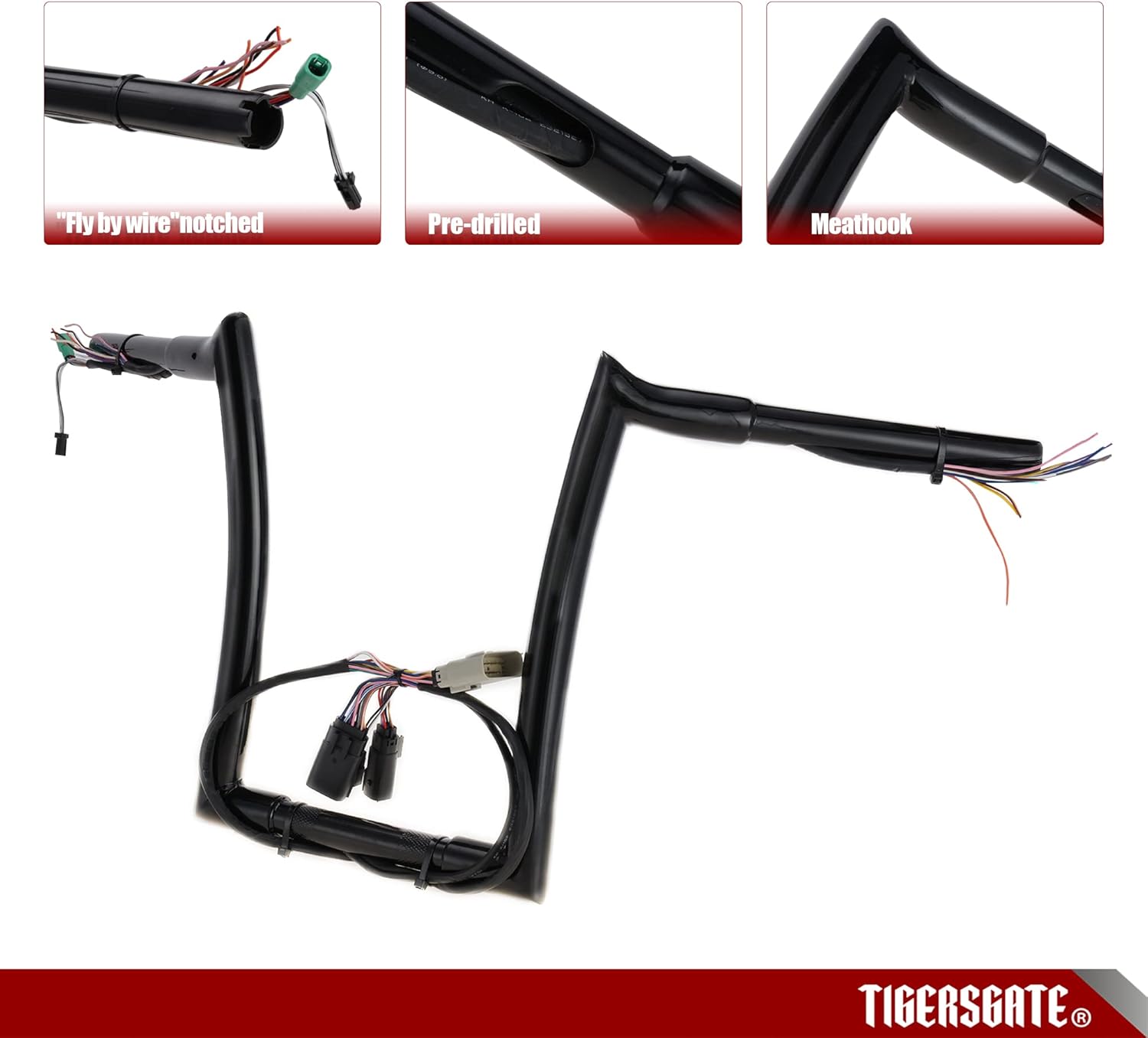 “TIGERSGATE PRE-WIRED 12″ Rise Road Glide Ape Hanger 1 14” Fat Manillares para Harley Road Glide 2008-2013 (negro)