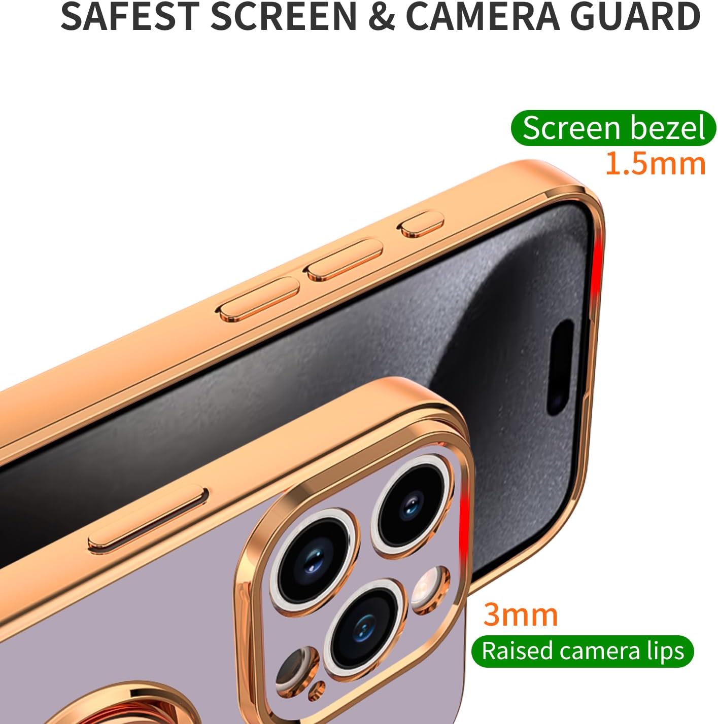 Funda púrpura para iPhone 15 Pro con soporte de anillo con magnético parachoques de TPU suave, cubierta galvanizada dorada con purpurina, funda