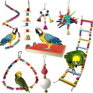 Accesorios para jaulas para pájaros, 8 piezas de plataforma colorida para percas para pájaros, hamaca de madera, columpios para pájaros con campanas Accesorios para jaulas para pájaros, 8 piezas de plataforma colorida para percas para pájaros, hamaca de madera, columpios para pájaros con campanas