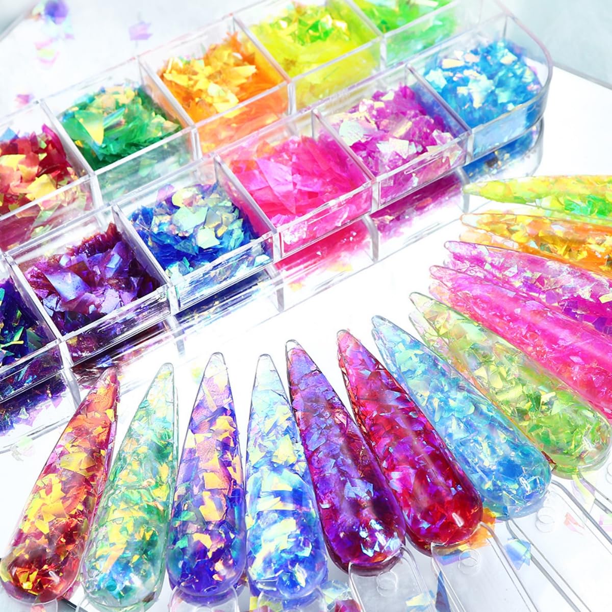 Decoración holográfica de sirena para uñas con lentejuelas iridiscentes con purpurina, 2 cajas brillantes de escoria de hielo brillante y