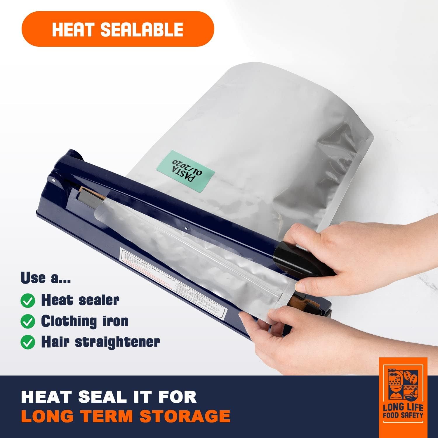 Absorbentes de oxígeno de 3000 cc (20 paquetes, sellados individualmente al vacío) y paquete de 5 galones (25 bolsas) bolsas de Mylar para