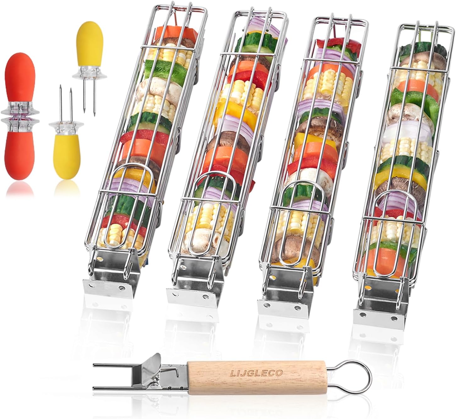 Cesta grande para asar Kabob, juego de 4 piezas y soporte de maíz, 2 pares, accesorio para barbacoa al aire libre, mango desmontable de madera,