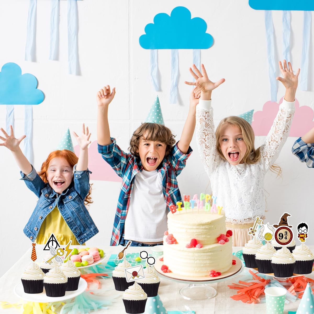 Decoración mágica para tartas de Harry para alfarero, mago escolar de mago escolar, decoración de cupcakes (48 unidades)