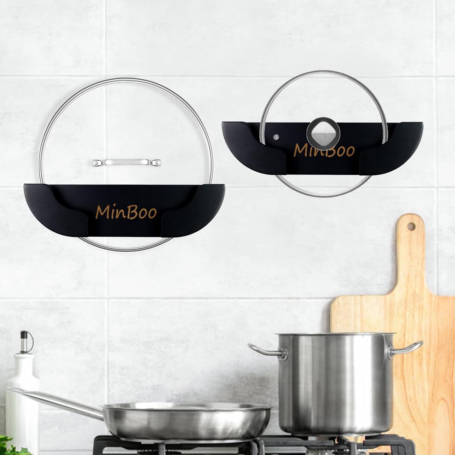 Organizador de tapa de olla de bambú para puerta de armario para pared de cocina, juego de 2 soportes para tapas de ollas y sartenes en el armario,
