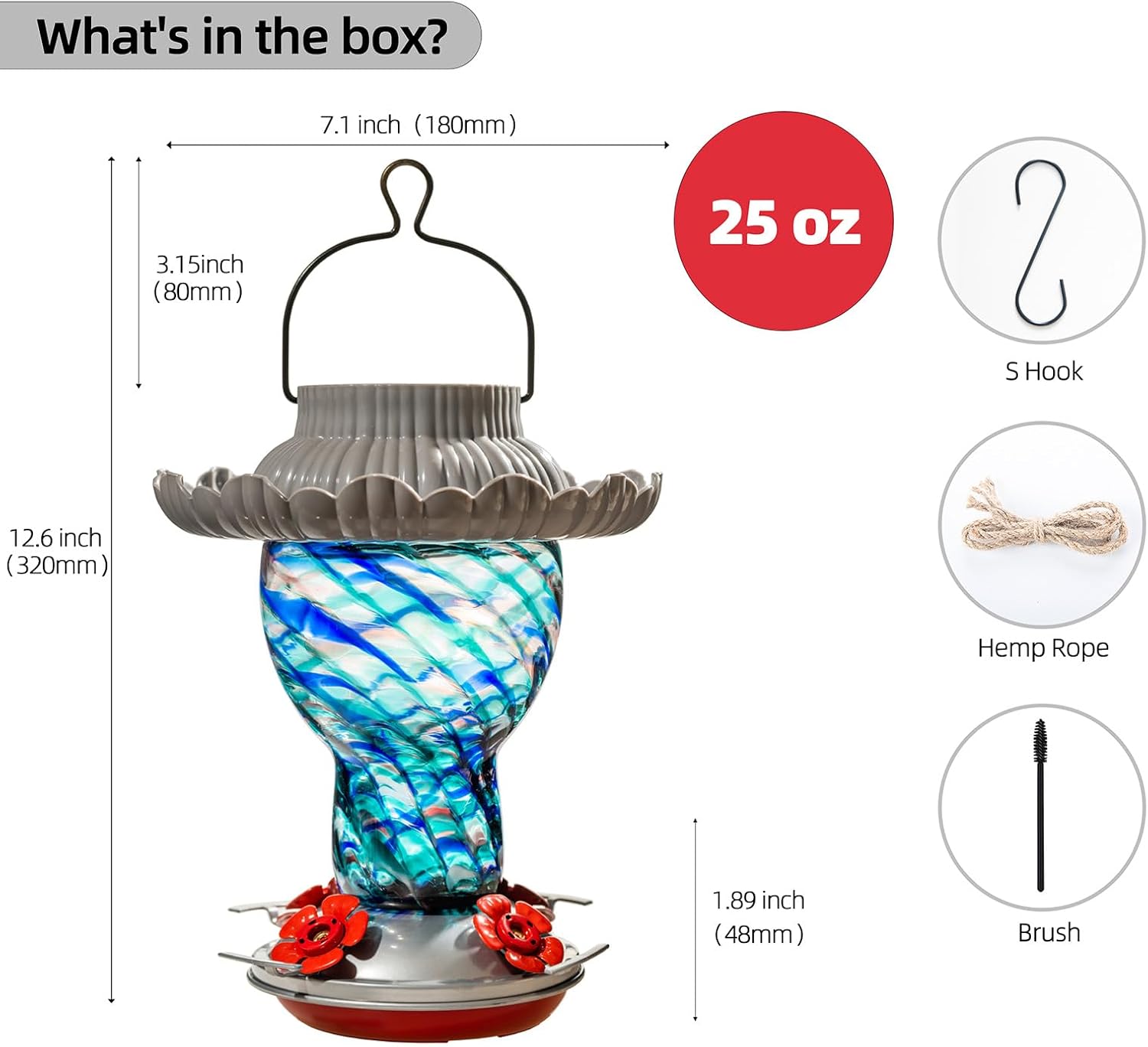 Comedero solar para colibríes para exteriores, colgante a prueba de hormigas y abejas, 25 onzas, luz que cambia de color, vidrio soplado a mano,