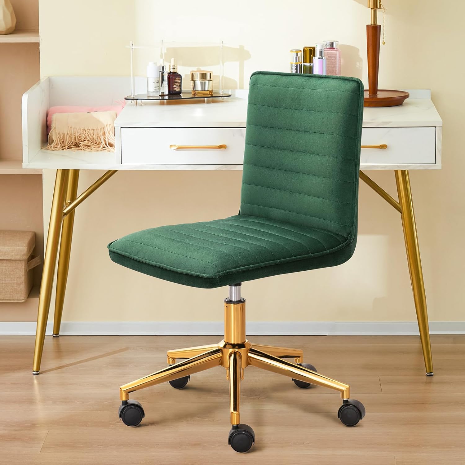 Furnimart Silla de escritorio de terciopelo sin brazos para oficina en casa, sillas de tareas ajustables, silla de oficina tapizada giratoria