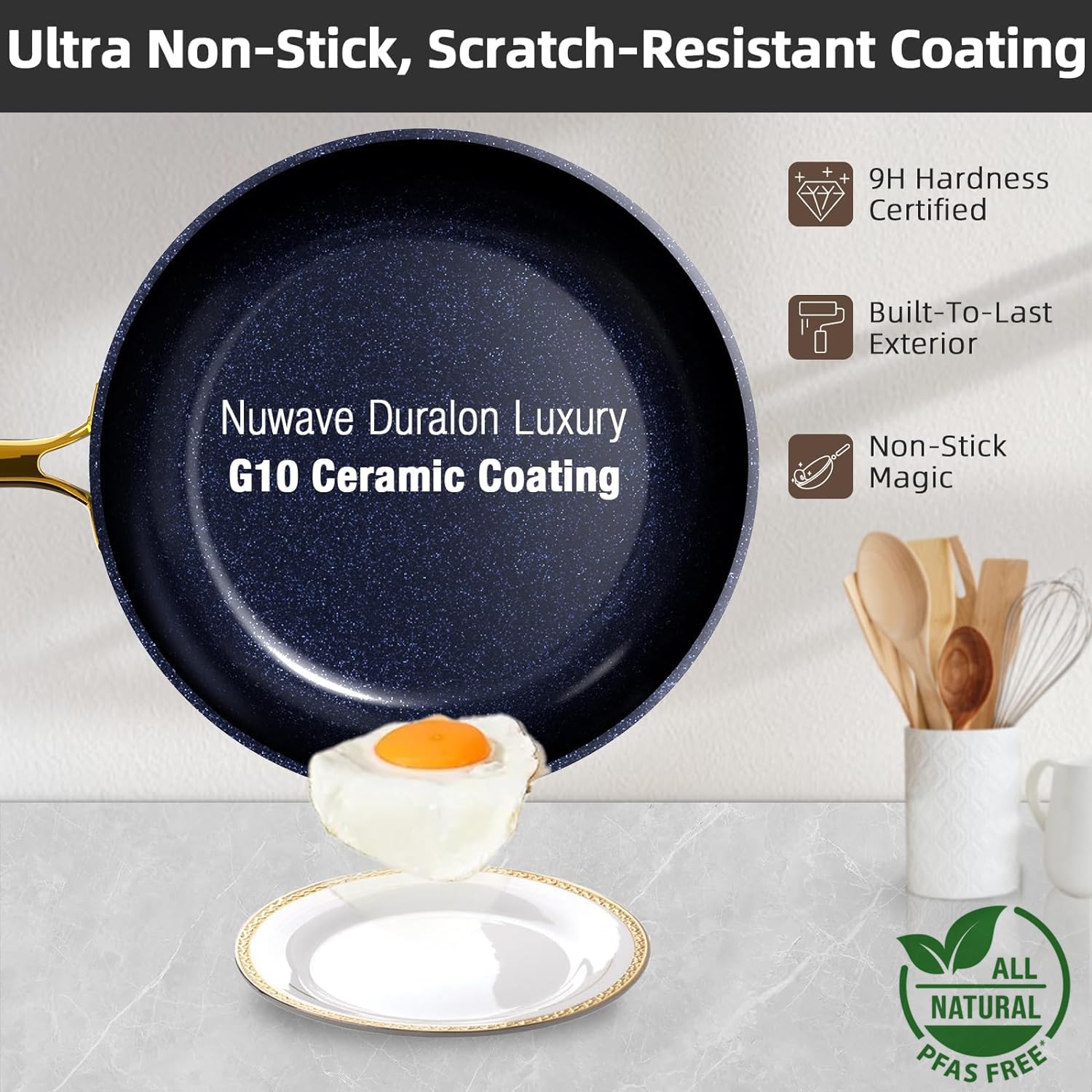 Nuwave Healthy Duralon – Juego de utensilios de cocina con revestimiento antiadherente de cerámica azul, resistente a los arañazos, sin PTFE y PFOA,