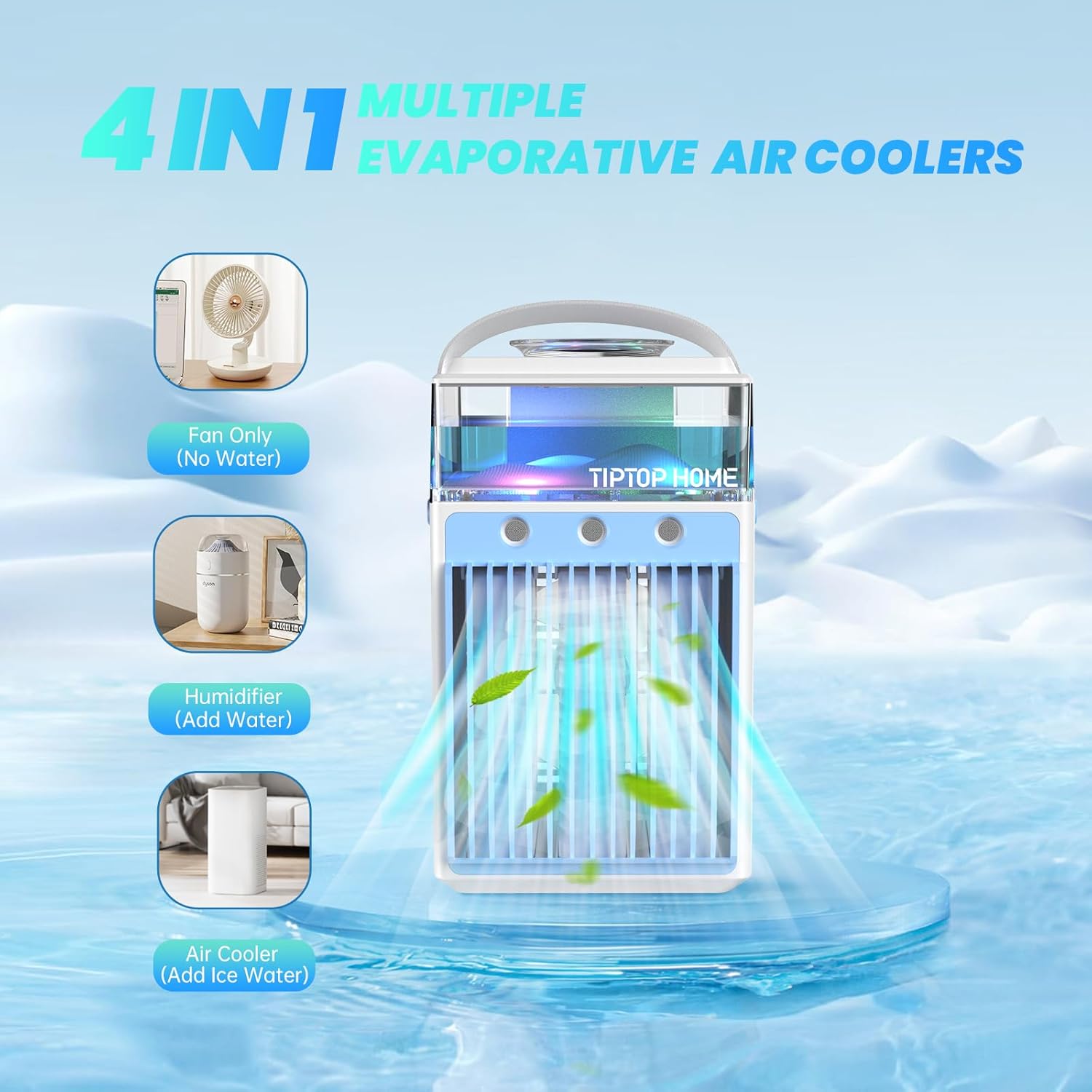 Ventilador de aire acondicionado portátil, mini humidificador personal recargable 4 en 1, enfriador de aire evaporativo de 3 velocidades con 7 luces