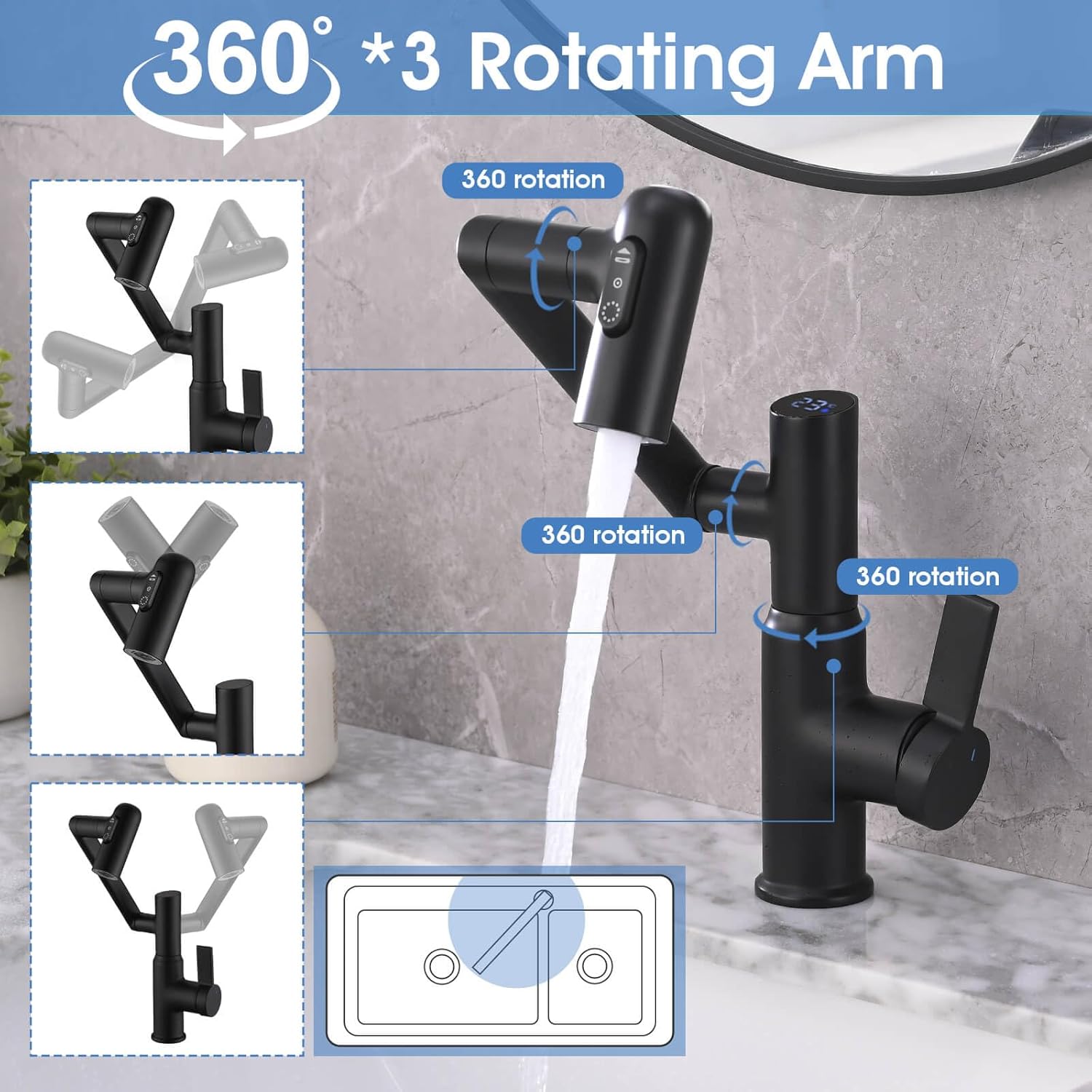 Grifo de baño, grifos giratorios con pantalla de temperatura (sin baterías), 3 modos de salida de agua, grifo de un solo orificio para fregadero de