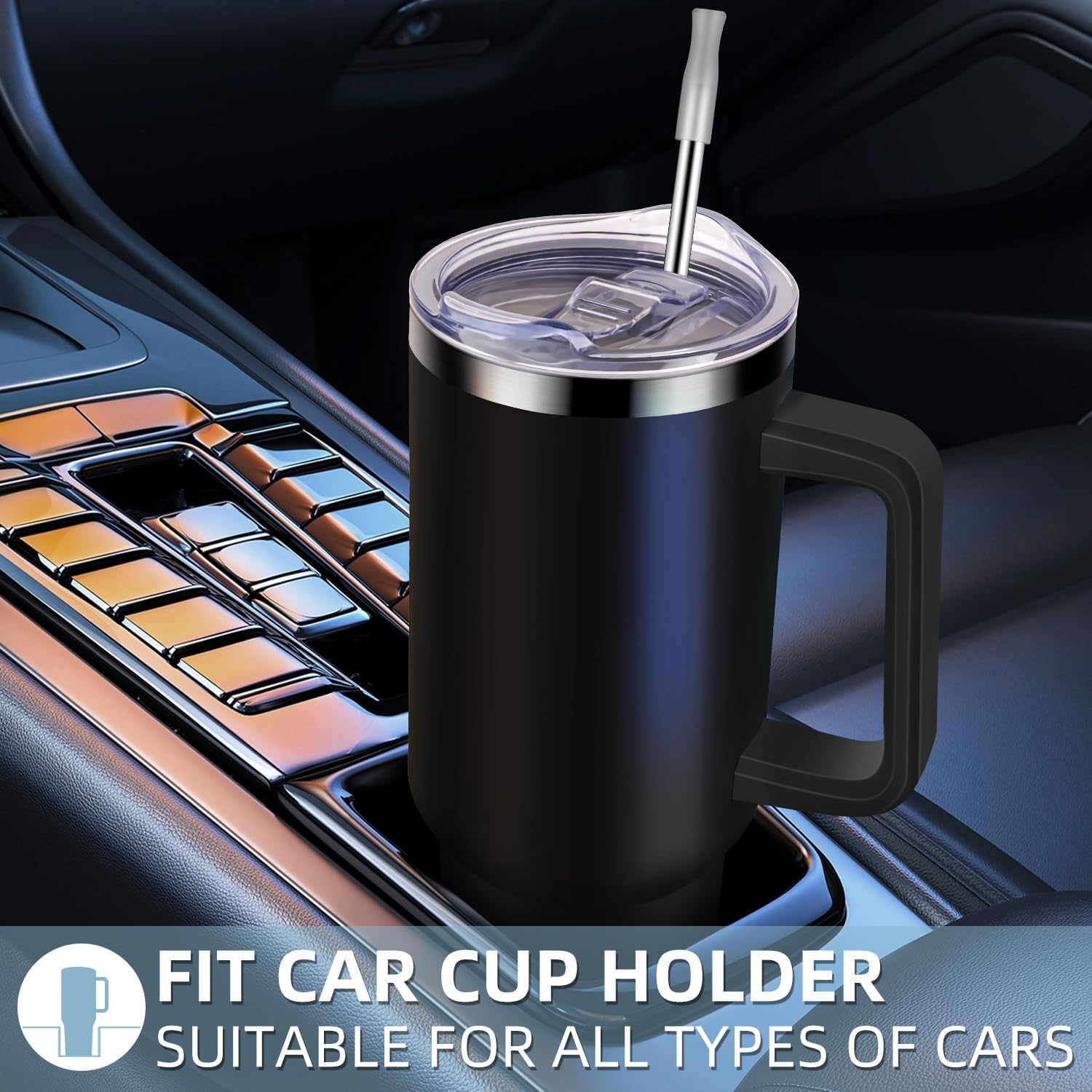 Vaso de 40 onzas con asa y popote, 100% a prueba de fugas, de acero inoxidable, con aislamiento térmico, para viaje, para café, mantiene las bebidas