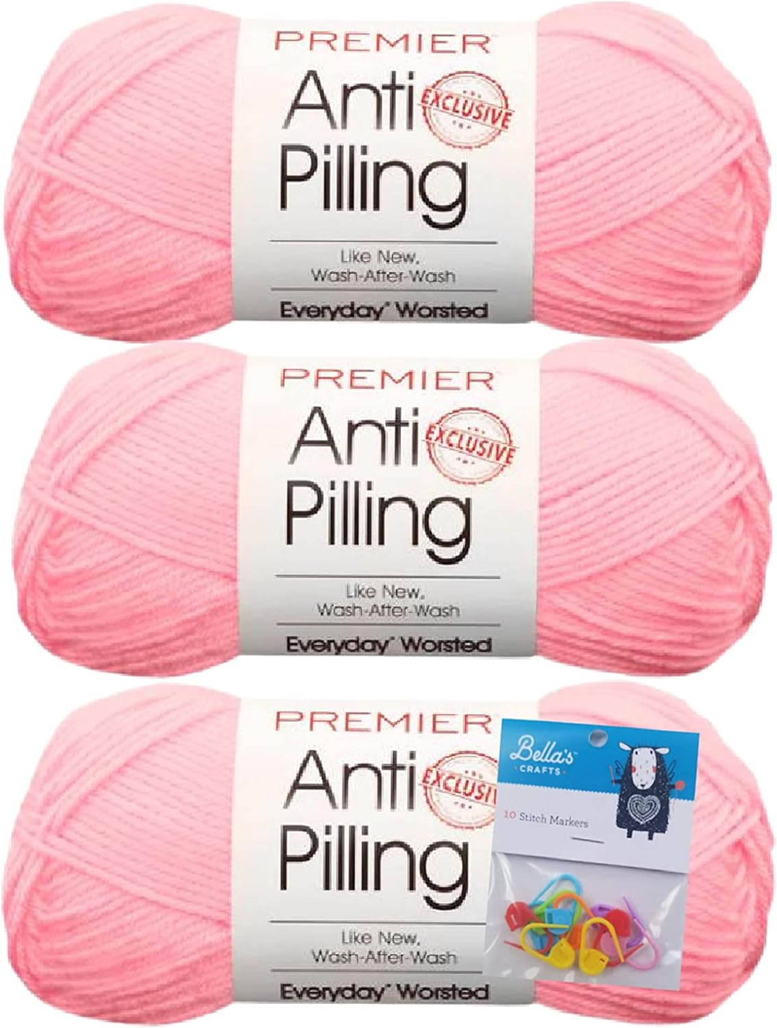 Premier Yarns Everyday – Ovillo de lana suave que no forma bolitas, 3.5 onzas, peso medio #4, paquete de 3 unidades con marcadores de puntada