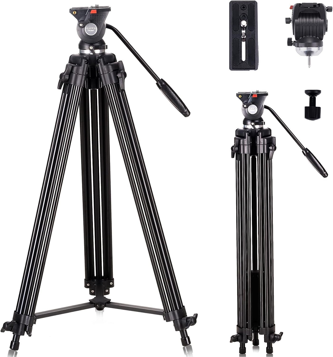 Trípode resistente de 75 pulgadas para cámara, trípode de video profesional con cabezal fluido, trípode ligero para cámara de 17.6 libras, tubo