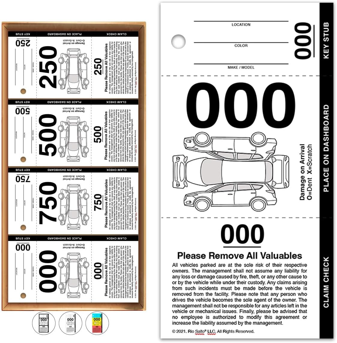 Boletos de estacionamiento de valet de 3 partes, cartulina perforada para colocar en el tablero, boleto de comprobación de reclamación para llave de