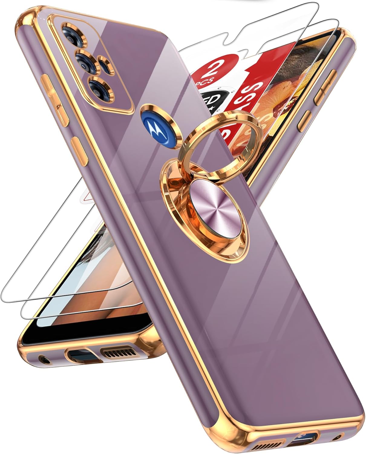 LeYi Funda para teléfono Moto G Play 2023 con protector de pantalla de vidrio templado (paquete de 2) Soporte de anillo giratorio de 360, soporte