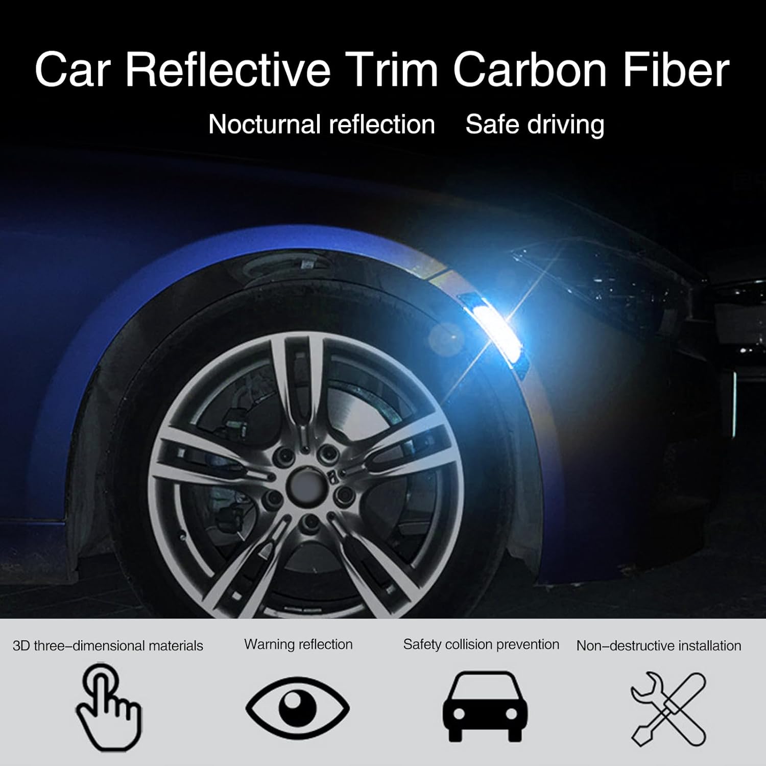 GKmow 6 calcomanías reflectantes para ruedas de automóvil, fibra de carbono, antiarañazos, decoración nocturna antiarañazos, tiras reflectantes de