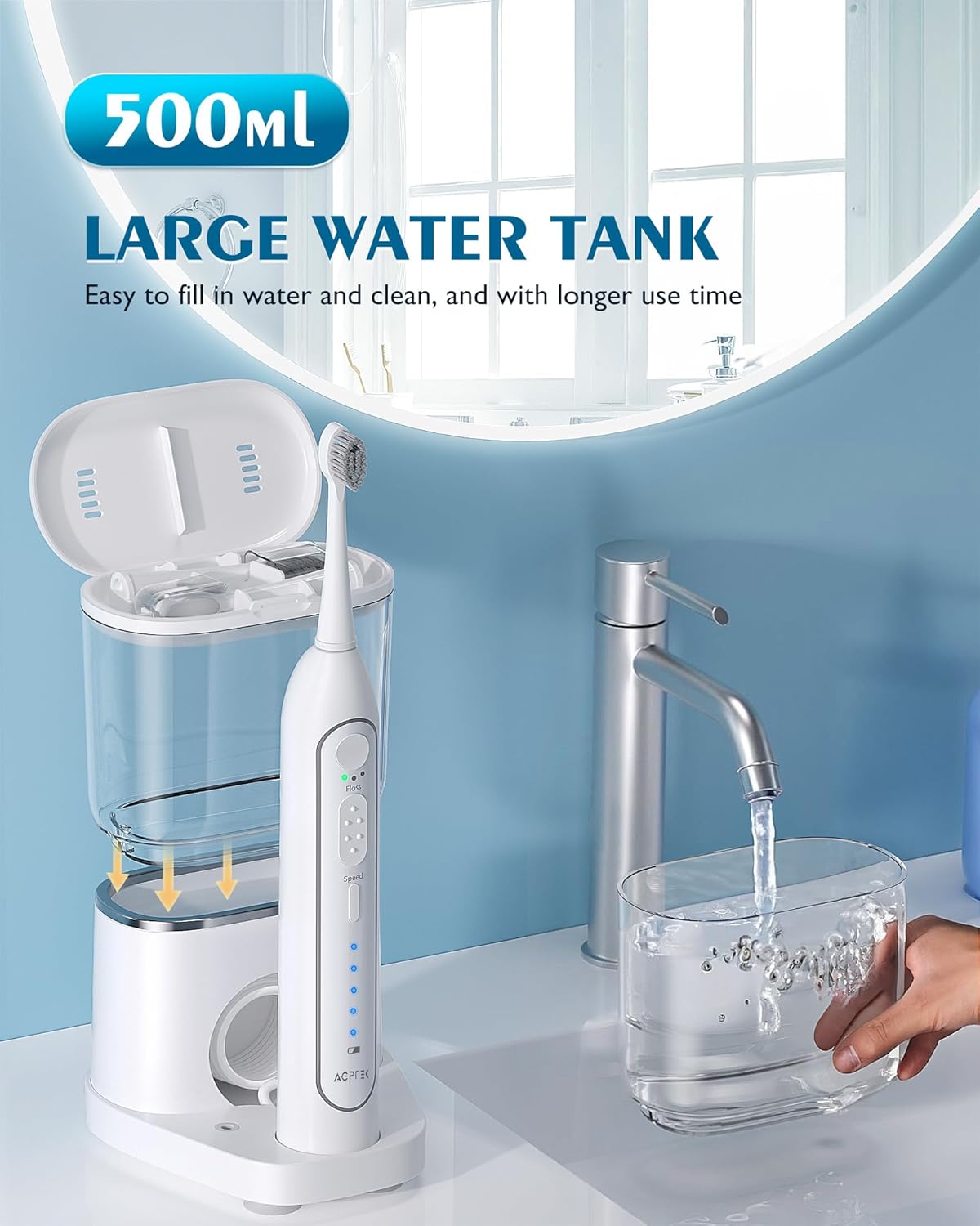 AGPTEK Cepillo de dientes eléctrico e hilo dental de agua, limpiador de dientes inalámbrico de 3 modos y 5 irrigadores orales a presión de agua,