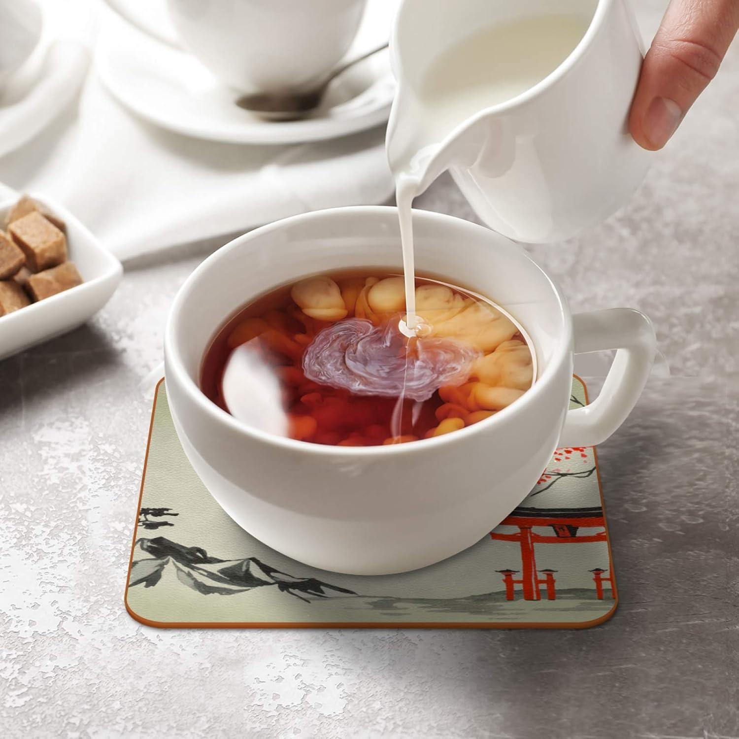 Juego de 6 posavasos de estilo japonés para bebidas, estilo retro, estilo japonés, alfombrilla cuadrada de cuero para proteger muebles, resistente