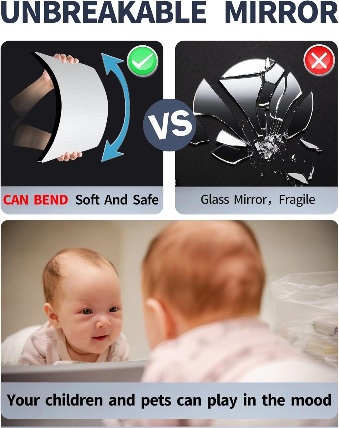 Azulejos de espejo de pared para niños, espejo acrílico irrompible seguro para bebé, plexiglás de plástico en la caravana, calcomanías de pared de