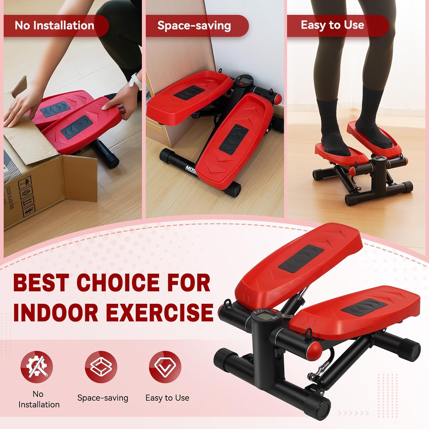 MOSUNY Steppers para ejercicio, mini con bandas de resistencia Home Fitness, escalera neumática mejorada de carga de 330 libras, monitor LCD de