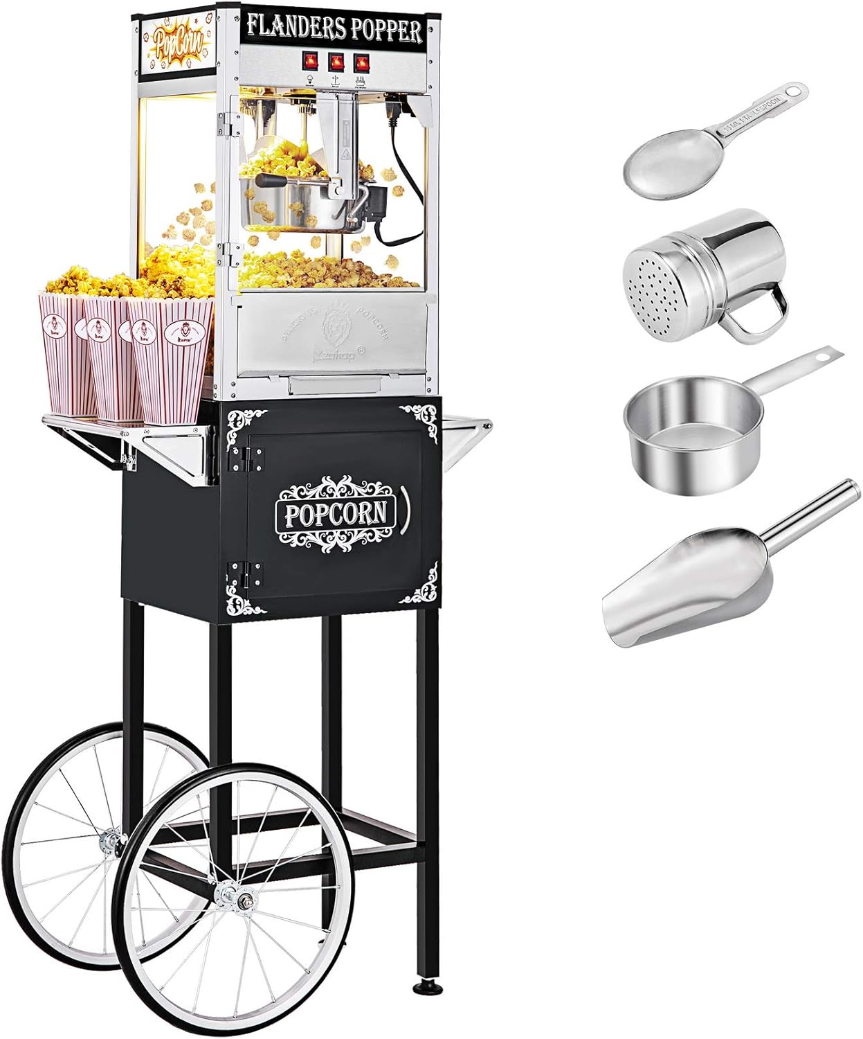 ROVSUN Popcorn Machine with Cart, Wheels & 8 Oz Kettle Makes Up to 32 Cups, Popcorn Maker with Stainless Steel Scoop, Oil Spoon & 3 Popcorn Cups for