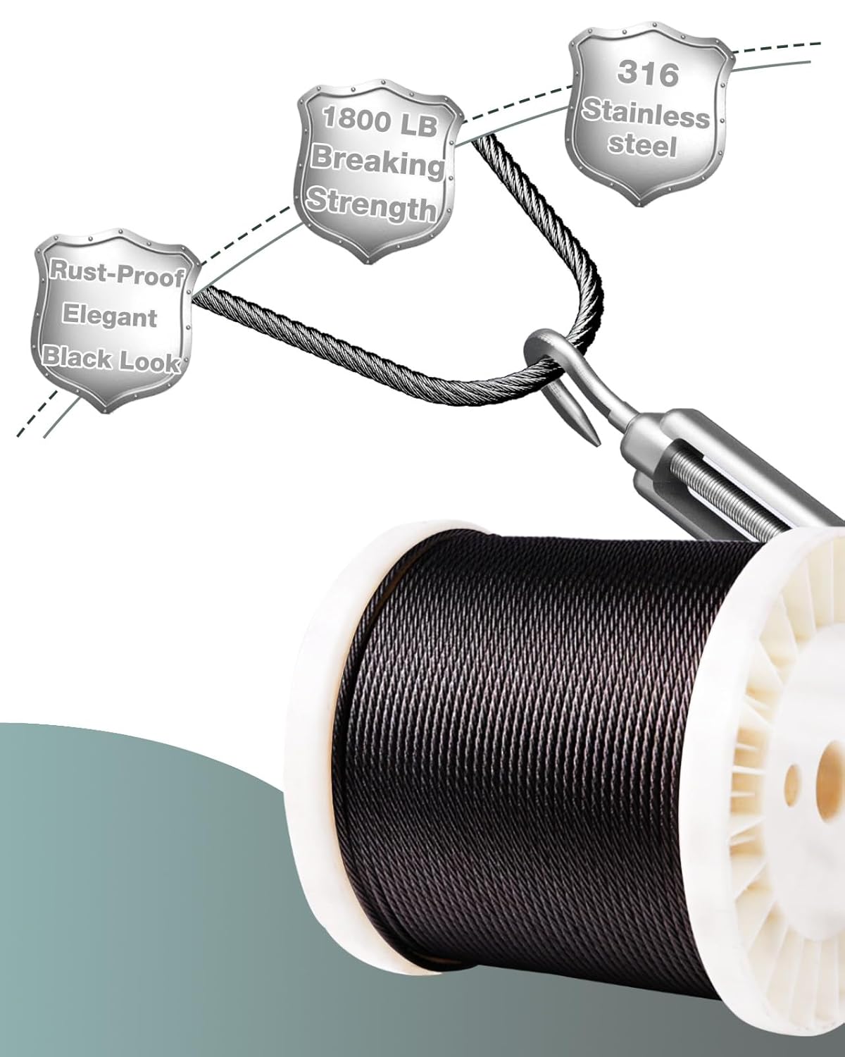 Cable de alambre de acero inoxidable T316 negro de 18 de pulgada, 300 pies, cable de grado marino para barandilla de cubierta negra, escaleras,