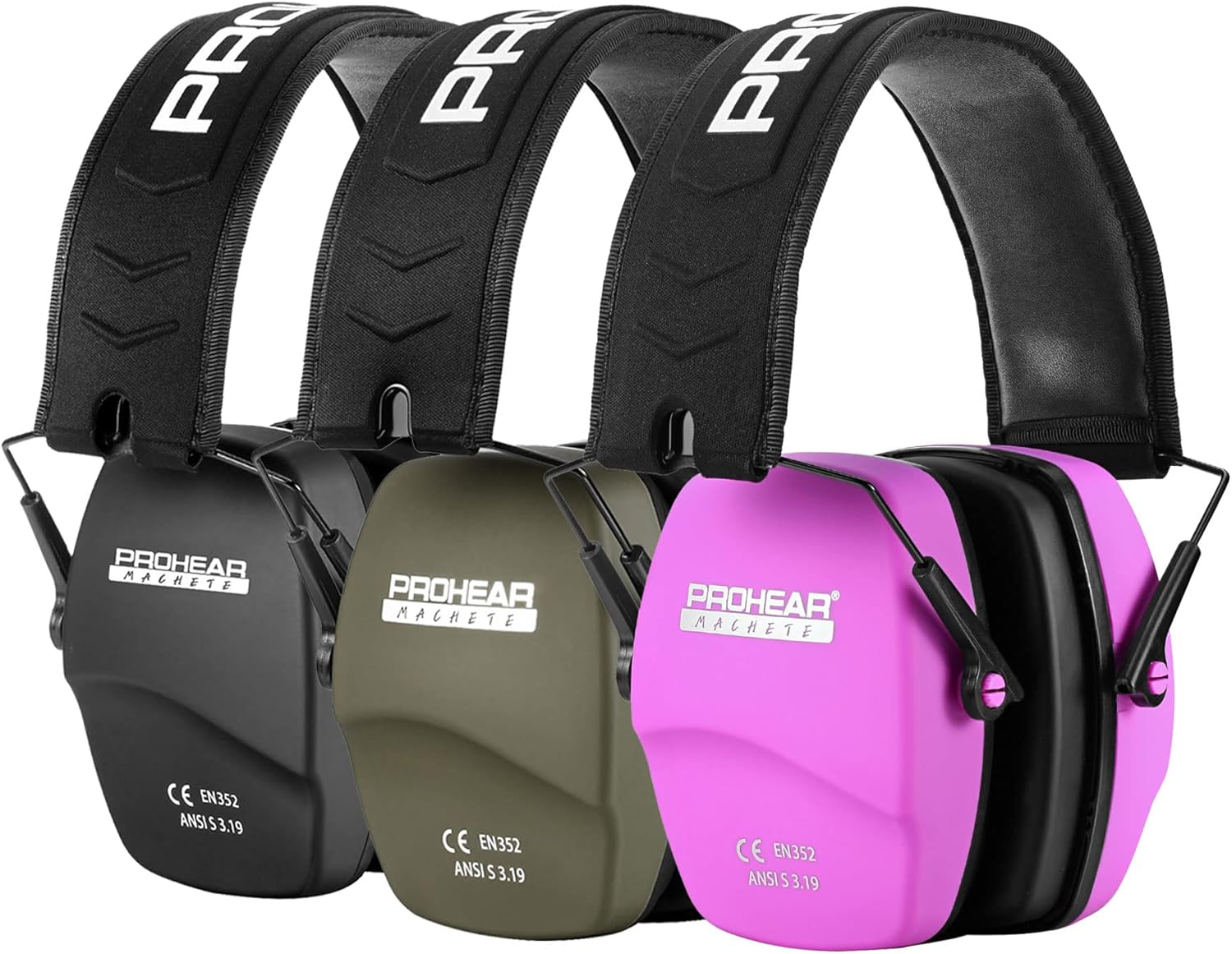 PROHEAR 016 Shooting – Orejeras de protección para los oídos, paquete de 3, NRR 26dB para rango de armas, caza, negro, verde y rosa