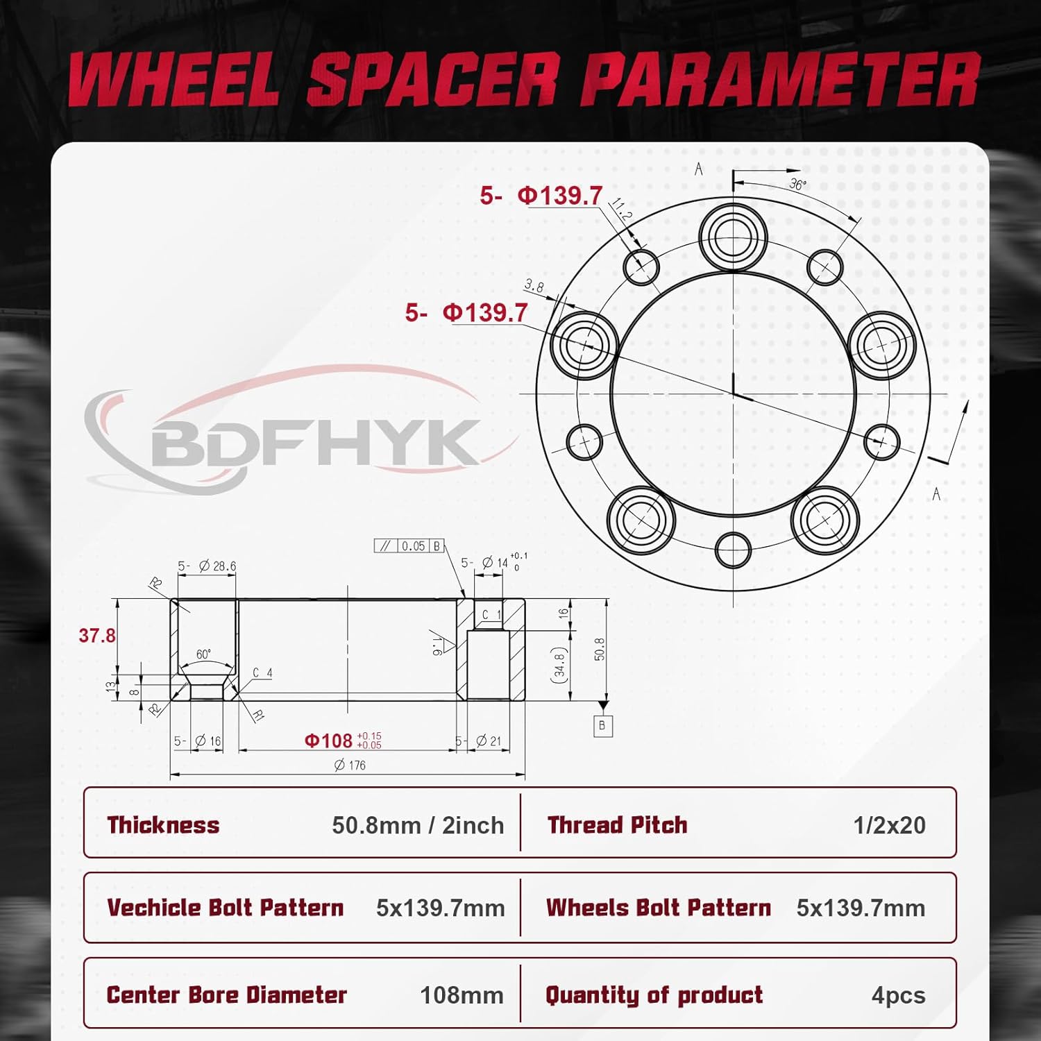 BDFHYK Espaciadores de rueda de 0.197 x 5.500 in, espaciador de rueda central de 2 pulgadas, compatible con Dodge Ram 1500 Ford F-150 F100 E100