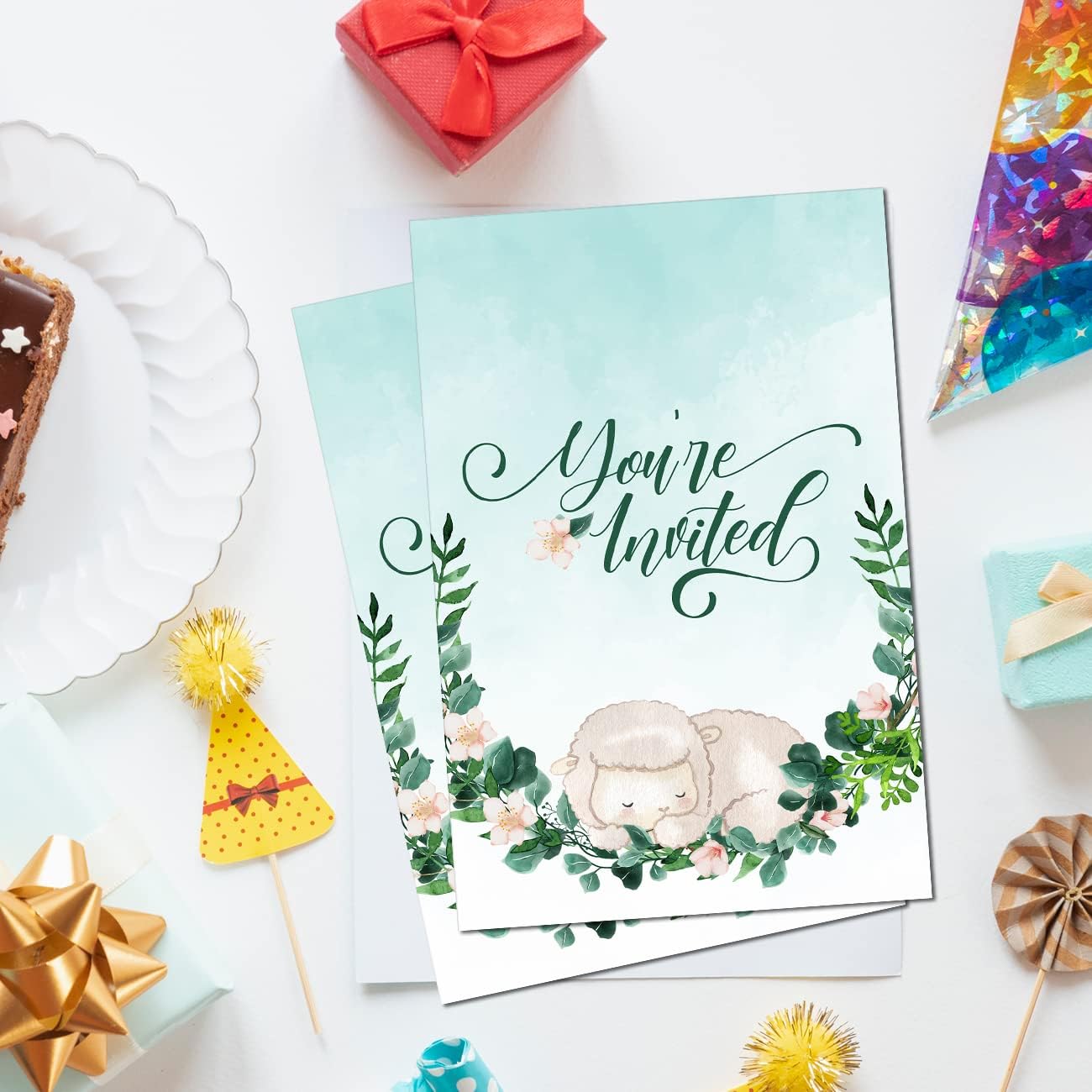 Greenery Sheep Baby Shower – Invitaciones para fiesta de baby shower con sobres, juego de 20 invitaciones de cordero, baby shower, género neutro,