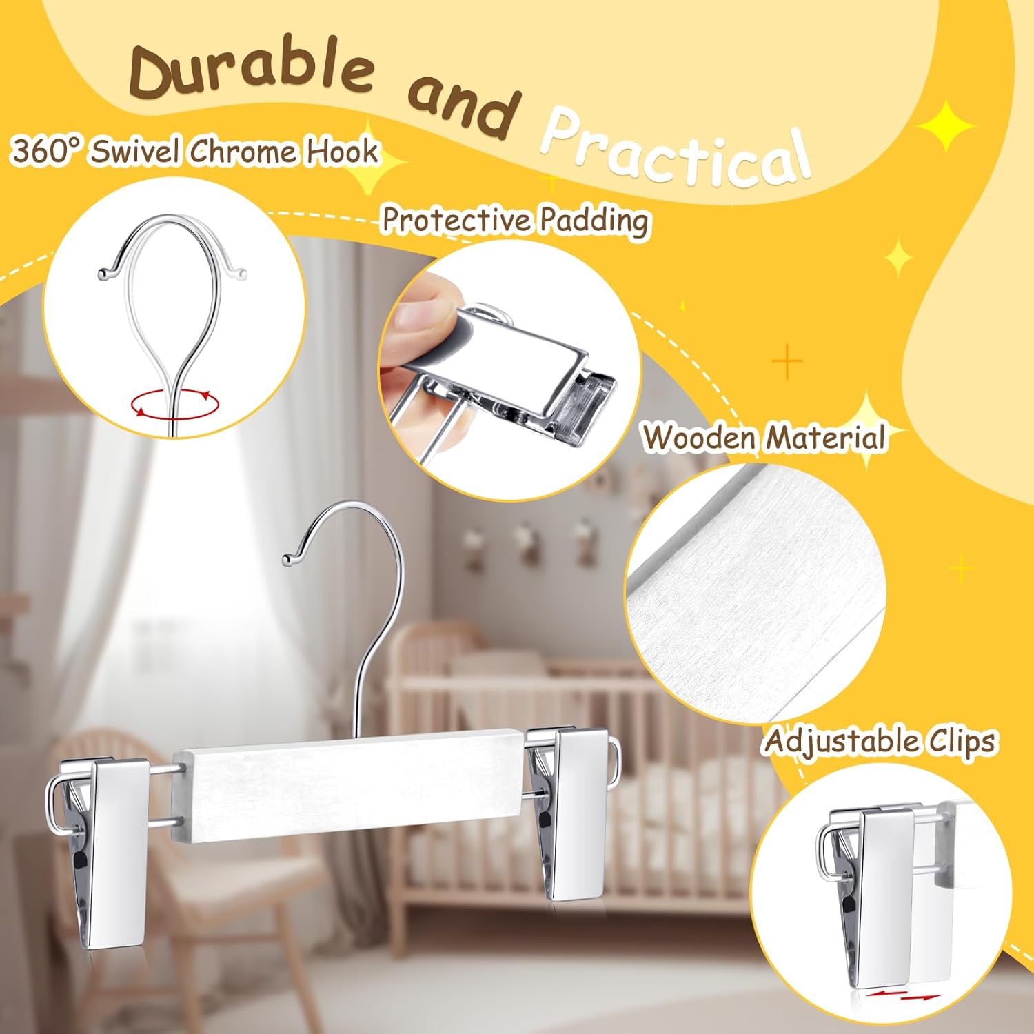 30 perchas de madera para pantalones de bebé con clips de 9.5 pulgadas de madera para niños con gancho giratorio y 2 clips ajustables para