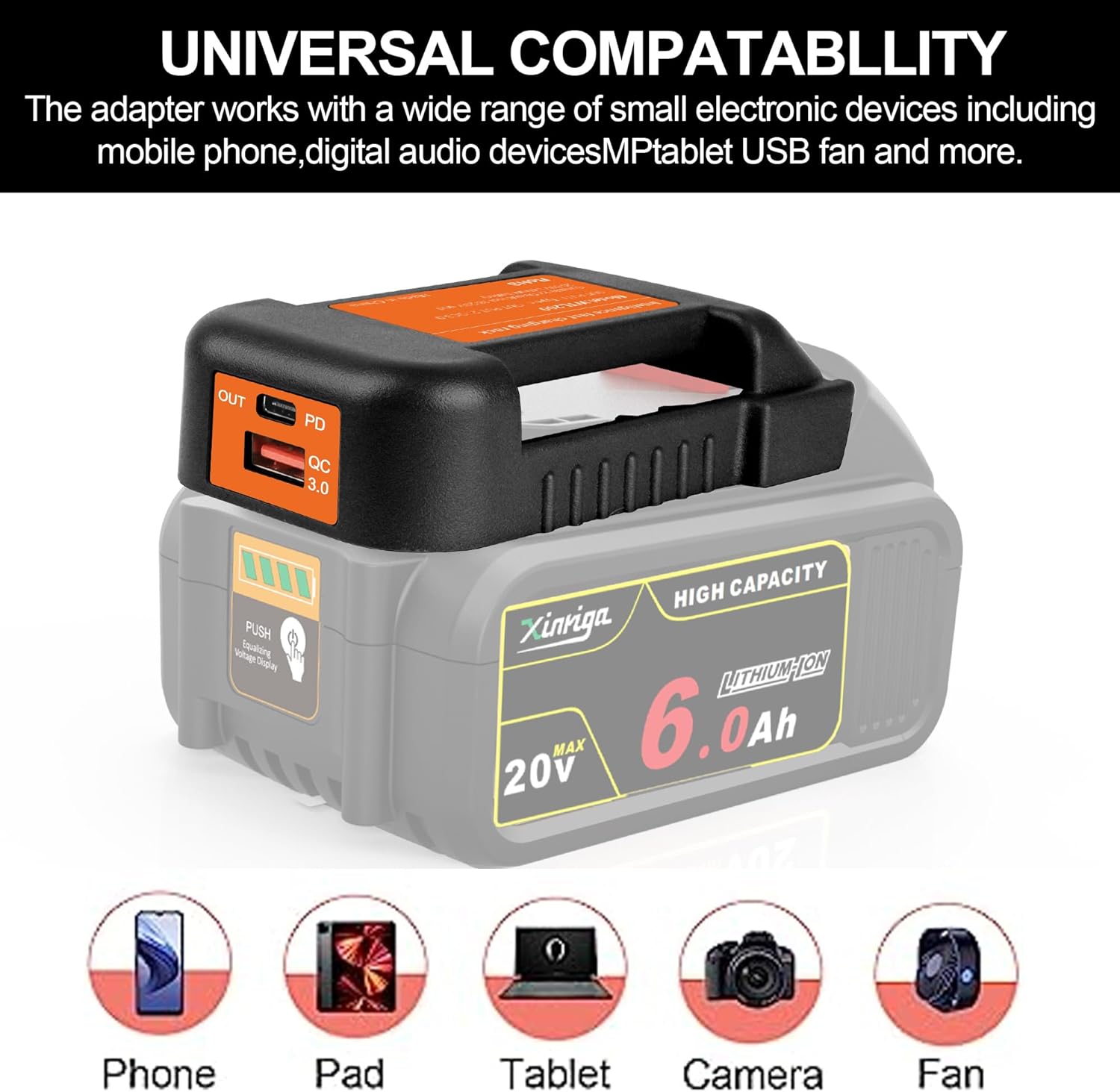 Paquete de 2 adaptadores de cargador USB negro, compatible con batería Dewalt de 20 V 60 V Max, con carga rápida tipo C y puertos USB (solo