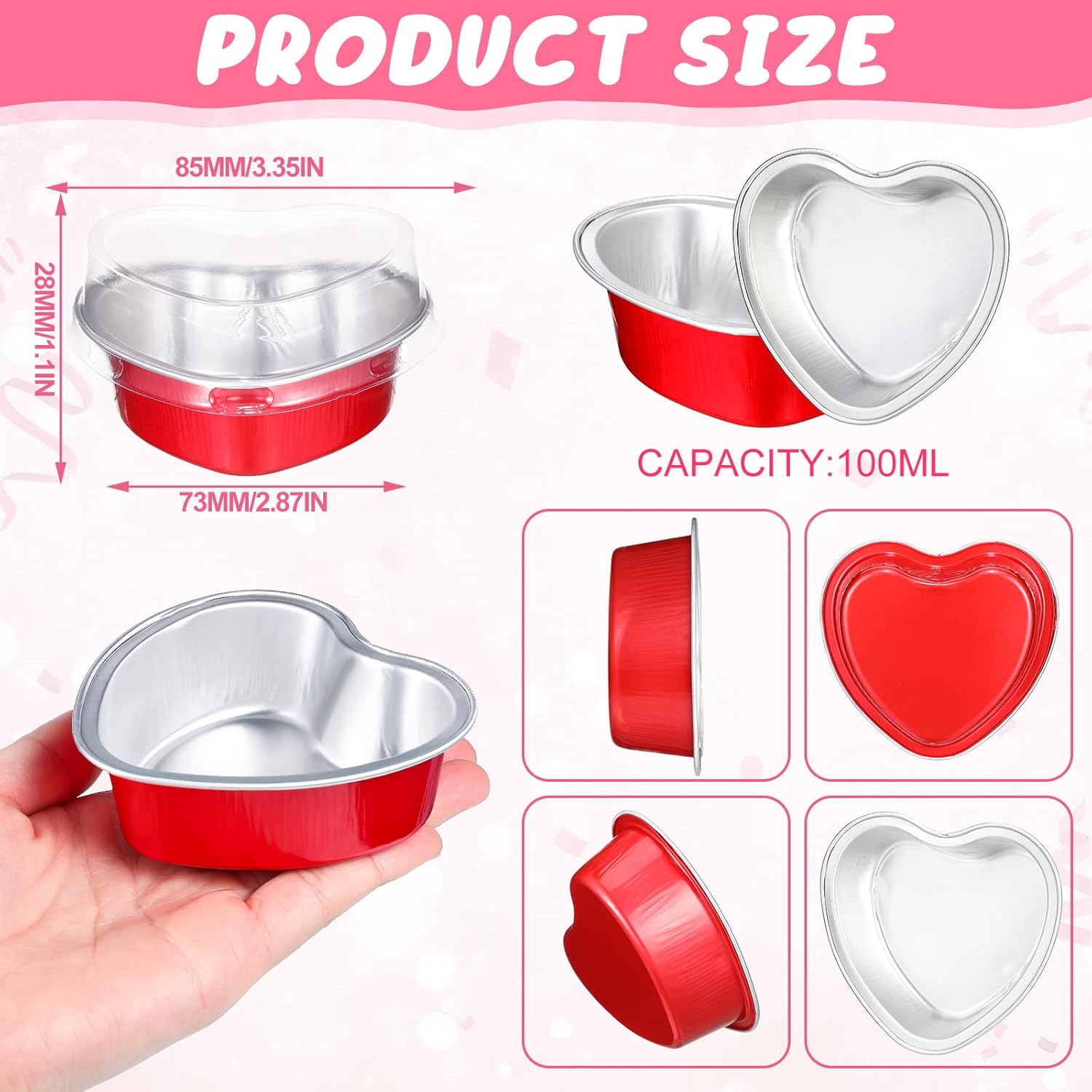 Paquete de 100 moldes para pasteles en forma de corazón con tapas, 3.4 onzas líquidas, papel de aluminio, para magdalenas, coloridos y desechables,