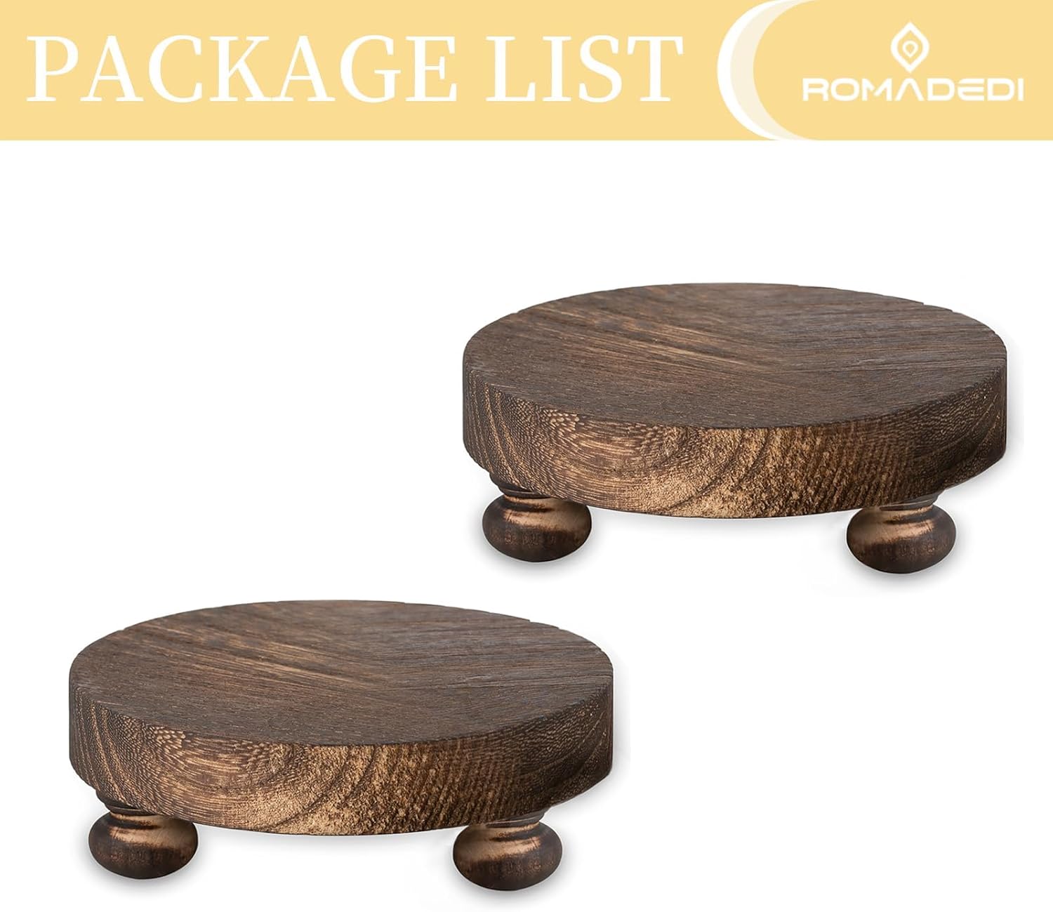 Romadedi Elevador de madera de granja para exhibir, 2 piezas de decoración rústica, mini pedestal de madera, bandeja redonda decorativa para mesa