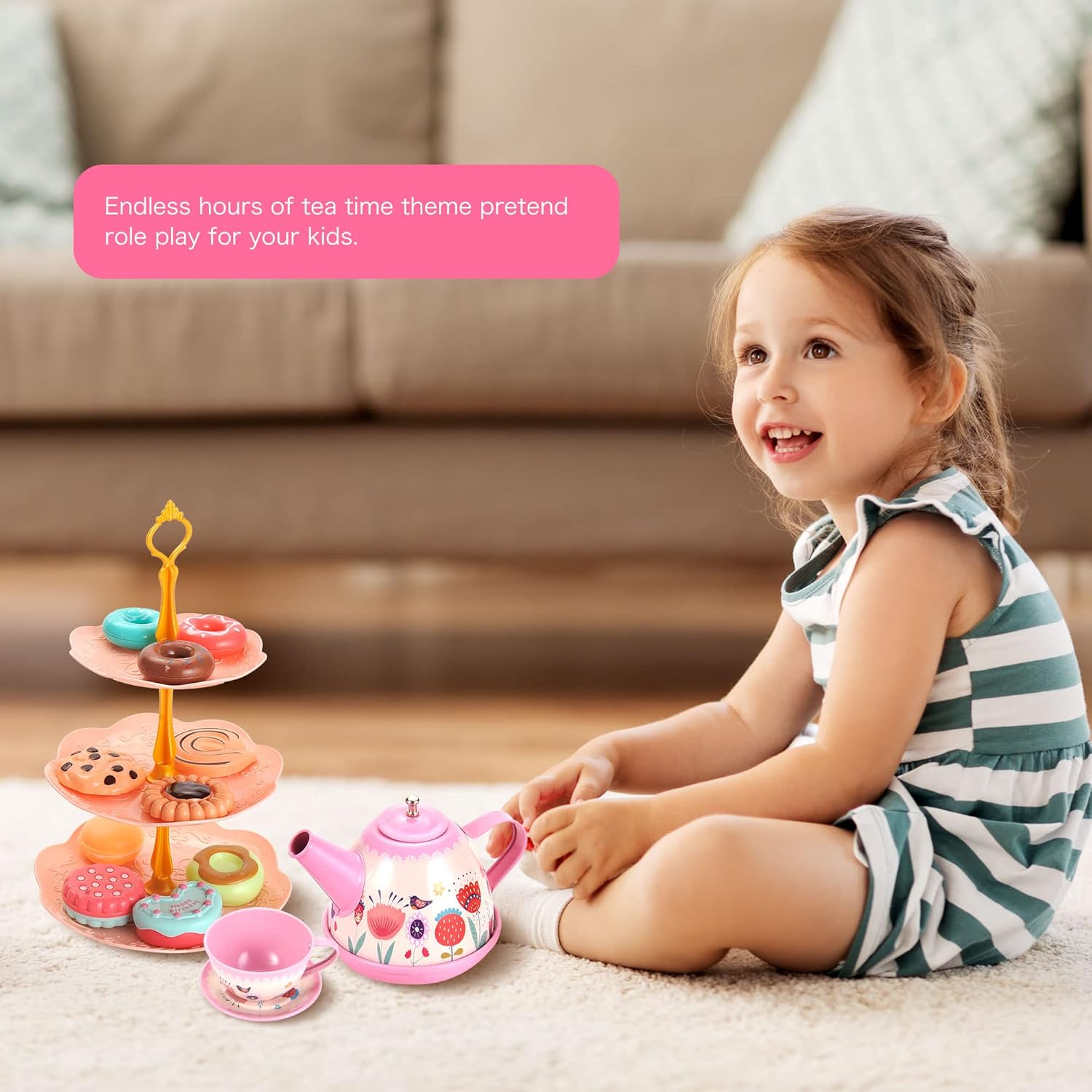 PowerTRC Juego de 48 piezas de fiesta de té de princesa para niños, juego de té de lujo que incluye postres, galletas, aperitivos, tetera, tazas y