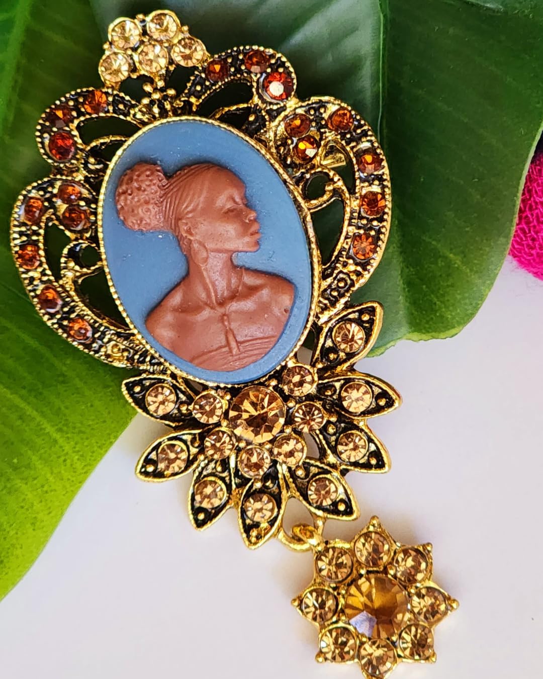 Deborah’s Elegance – Rhinestone Black Lady Cameo Brooch by Brownskin Things – FREE SHIPPING – Handmade – Vintage Style – Blue and Brown
