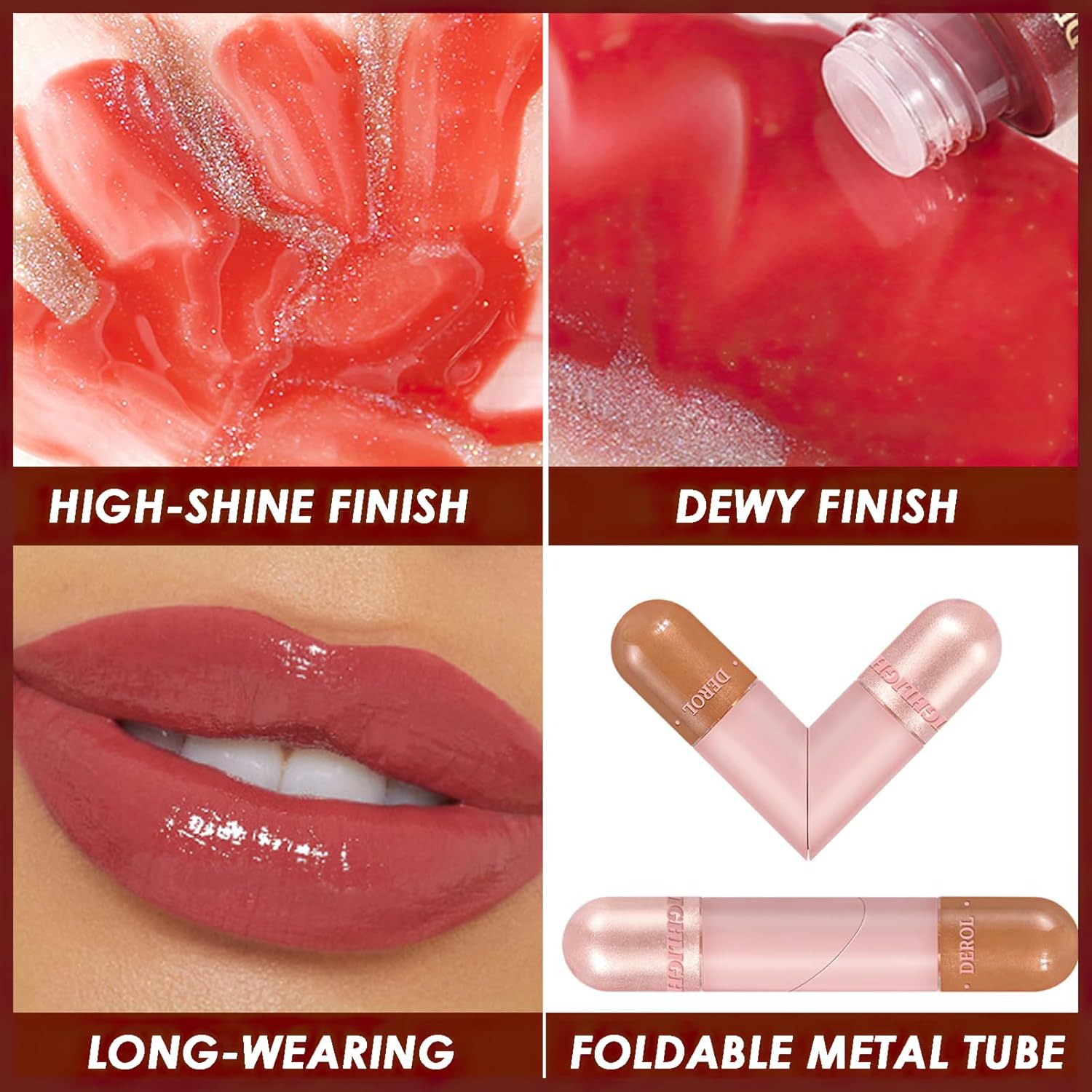 Brillo labial 2 en 1 de doble punta, lápiz labial líquido brillante brillante, aceite de labios hidratante, acabado húmedo, alto brillo, larga