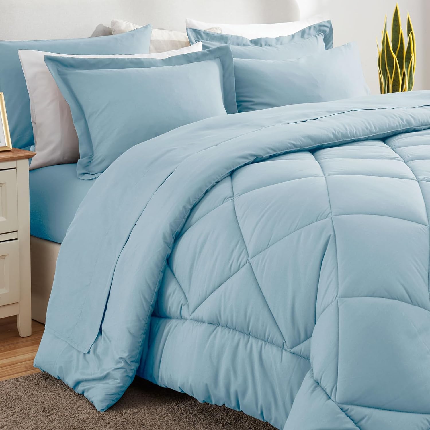 CozyLux Juego de edredón matrimonial con sábanas de 7 piezas, ropa de cama en una bolsa, color azul claro, para todas las estaciones, con edredón,