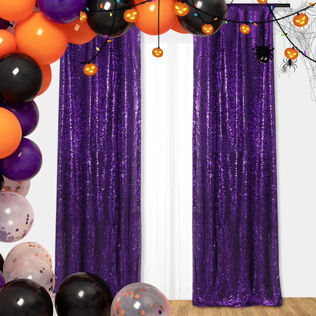SquarePie Telón de fondo de lentejuelas de 2 x 8 pies, 2 cortinas brillantes de fondo morado para decoración de fiesta de boda de Halloween