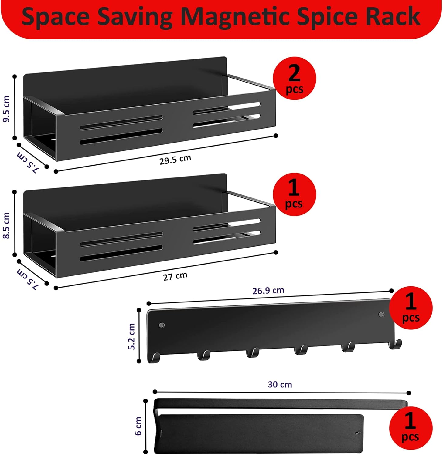 Paquete de 3 organizadores magnéticos para especias para refrigerador con 1 barra de ganchos, organizador magnético para refrigerador con soporte de