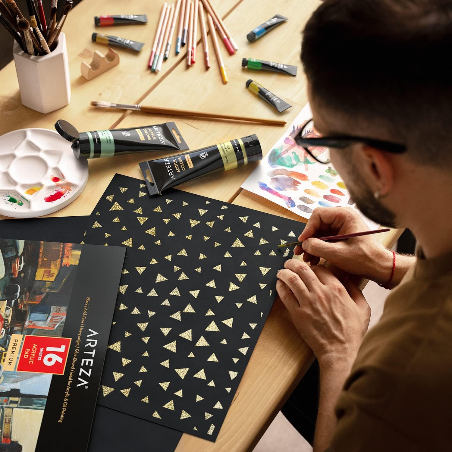 Arteza Bloc acrílico, paquete de 2, negro, 6 x 6 pulgadas, papel de 246 libras, 16 hojas cada una, suministros de arte para pintura acrílica,