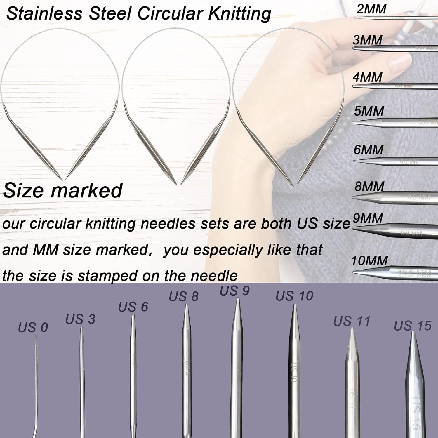 9 Pieces Size Marked US 0-15 Circular Knitting Needles Stainless Steel Knitting Needles Set for Beginner (16 Inch)