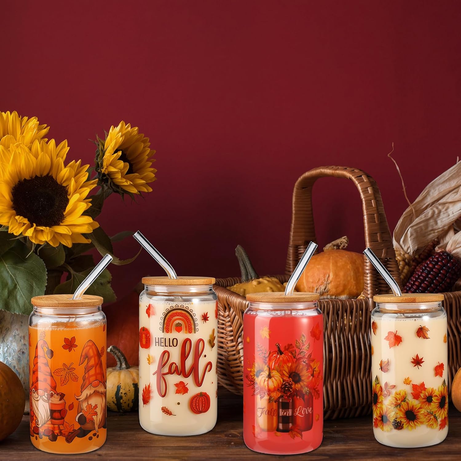 Sliner 4 juegos de vasos de vidrio de otoño de 16 onzas con tapa y cepillo de limpieza para pajilla, colgantes de hojas de arce, girasol, gnomo,