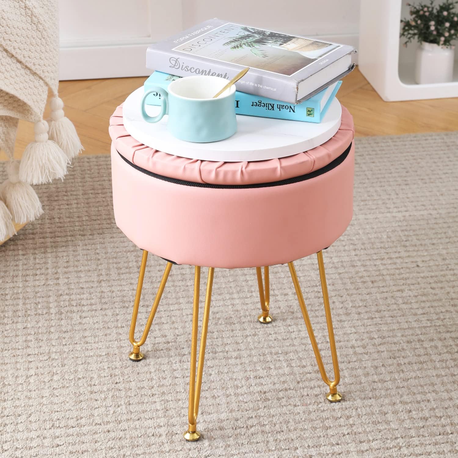 Cpintltr Taburete moderno de piel sintética, tapizado, redondo, otomanos, multiusos, decoración del hogar, mesa de café otomana, cubierta superior